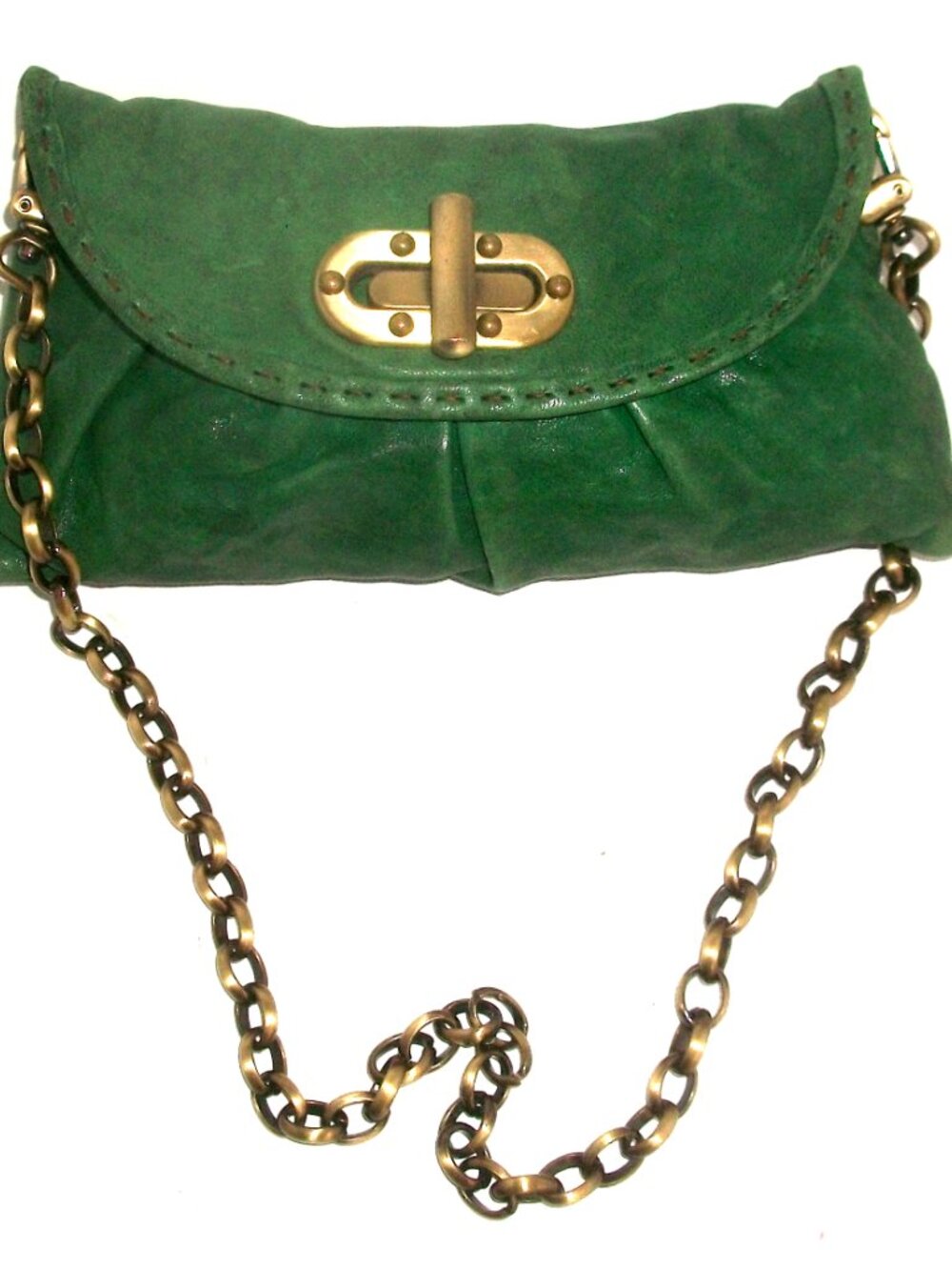 Vintage Handmade Green Leather Carla Mancini Small Shoulder Bag with Brass Chain